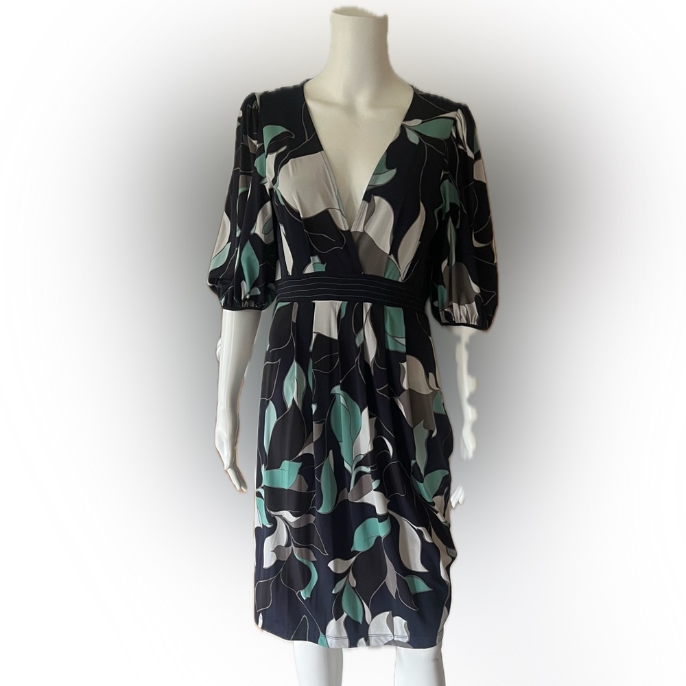 BCBGMaxAzria Navy Blue and Green Leaf Print Midi Dress Puff Sleeve Deep V-Neck